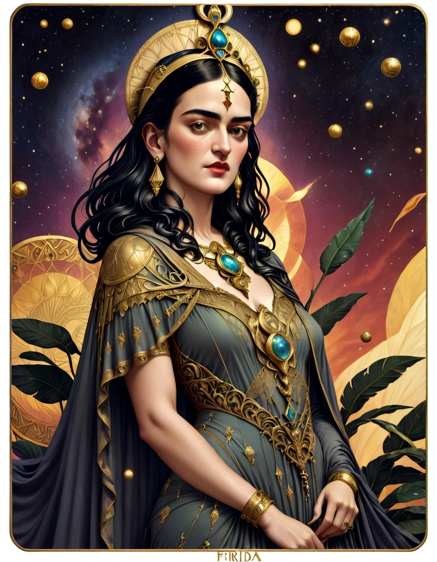 Frida Kahlo as a Tarot Card: score_9, score_8_up, score_7_up, score_6_up, score_5_up, [ ACOCleopatra],[Black Hair],Cleopatra from Assassin's Creed Origins,[Jewelry],[ancient Egypt],4k,sharp image,detailed, sexy, extremely detailed artgerm, (masterpiece, best quality:1.2), (insanely detailed, beautiful detailed, masterpiece, best quality), (insanely detailed, masterpiece, best quality) of tarot cards, a touch of Frida's signature artistic flair. (best quality, highres, vivid colors, photorealistic, artistic interpretation, detailed portrait), surreal tarot card, Frida Kahlo as a goddess in the tarot deck.