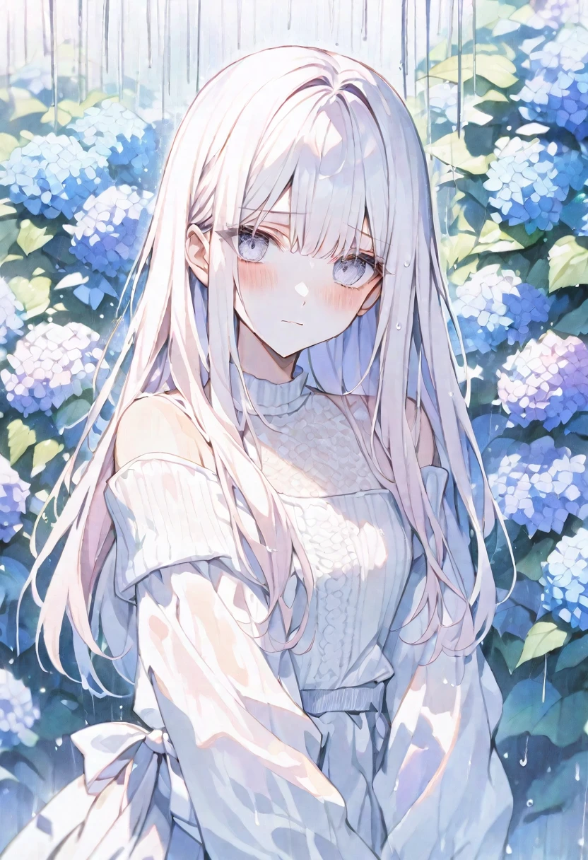 独奏, handsome, Watercolor,
1. Female,
Straight Hair,Long Hair, Cream color hair, 
White eyes,Soft look,Lolita,
White Off Shoulder,Thin knit,Good,
skin,Embarrassed,rain,
Hydrangea background,