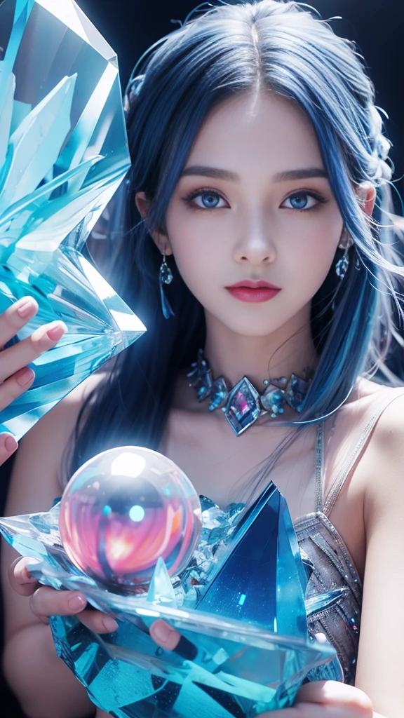 (and soul)、(secondary mysterious、Pisces、1 girl、blue hair、hair length、((French Twist))、blue eyes、gradient eyes、sparkling eyes、bright eyes、finely tuned、expressive eyes、blue clothes、gem、blue lighting、blue theme、(shape:1.5)、abstract、highest quality、Super detailed、(((Holding a mysterious crystal ball)))、