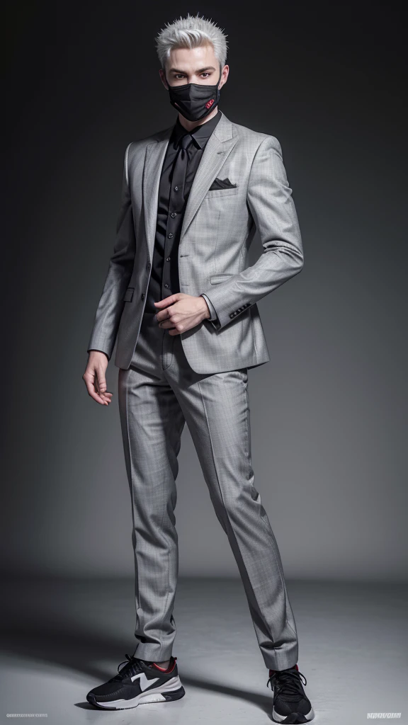 A literally white boy with spiky gray hair, with a mask without gray expression, wearing a black and gray suit, with a red glove on his right hand, with gray pants with black details and black sneakers, full bodied, full body view, full white background, highly detailed 