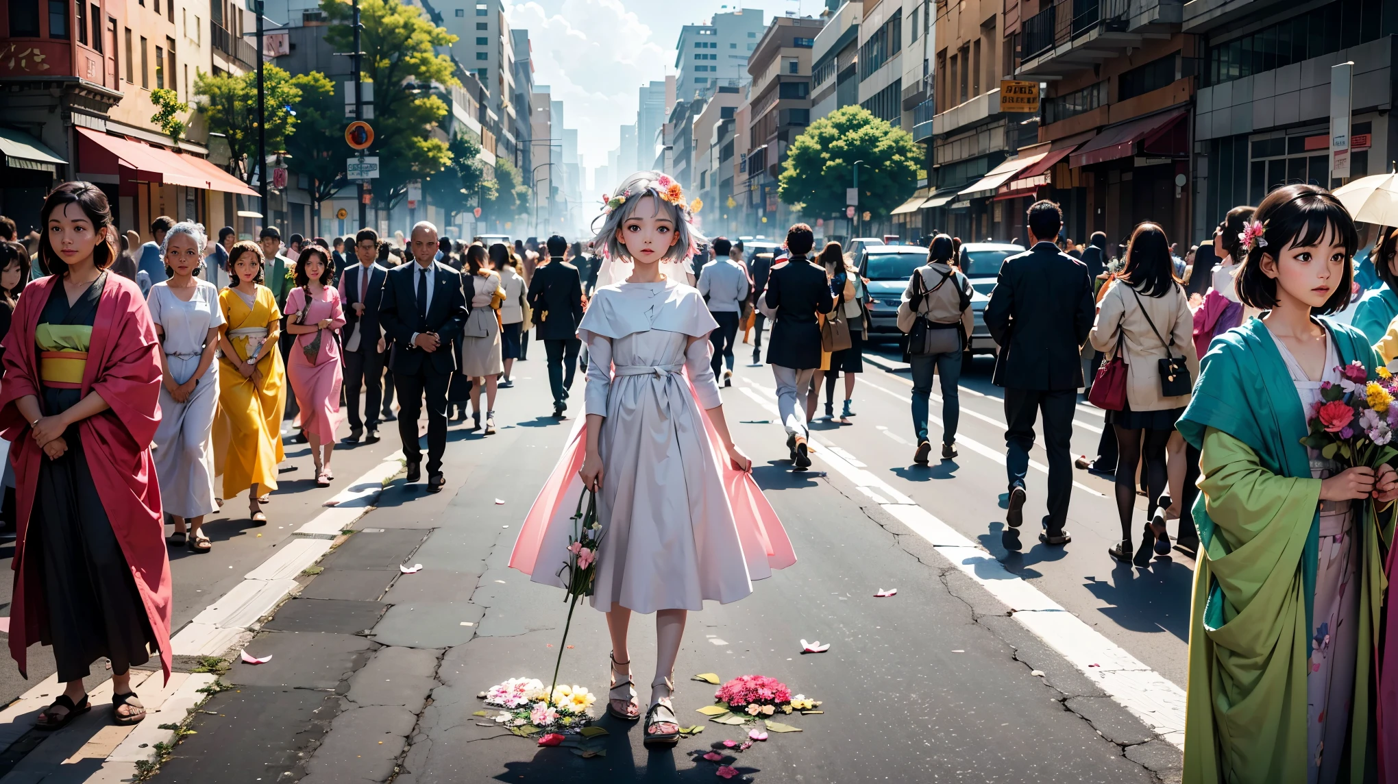 A vibrant flower blooms on the dirty ground of a large gray avenue. A crowd of gray, soulless people crosses the streets. A colorful , shining with bright tones, stands protectively over the flower, protecting her with his little hands and determined eyes. Sunlight breaks through the dark clouds. ghibli studio style