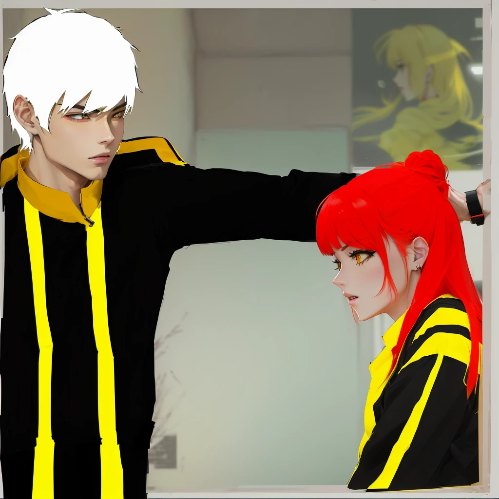 anime picture of a man and a woman in a black and yellow outfit, some red and yellow, anime style”, in orange clothes) fight, made with anime painter studio, in anime style, official fanart, inspired by Glòria Muñoz, very modern anime style, yellow and red, :14 80s anime style, wearing red and yellow clothes
