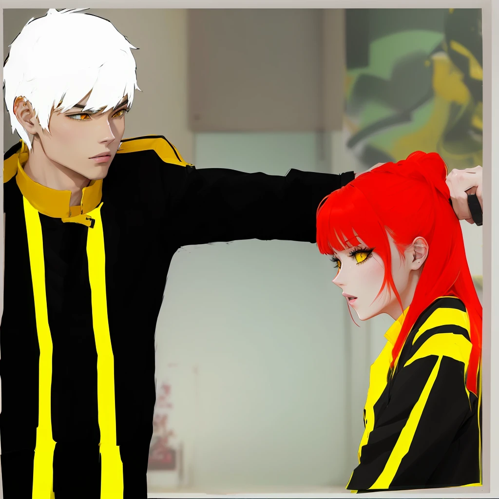 anime picture of a man and a woman in a black and yellow outfit, some red and yellow, anime style”, in orange clothes) fight, made with anime painter studio, in anime style, official fanart, inspired by Glòria Muñoz, very modern anime style, yellow and red, :14 80s anime style, wearing red and yellow clothes