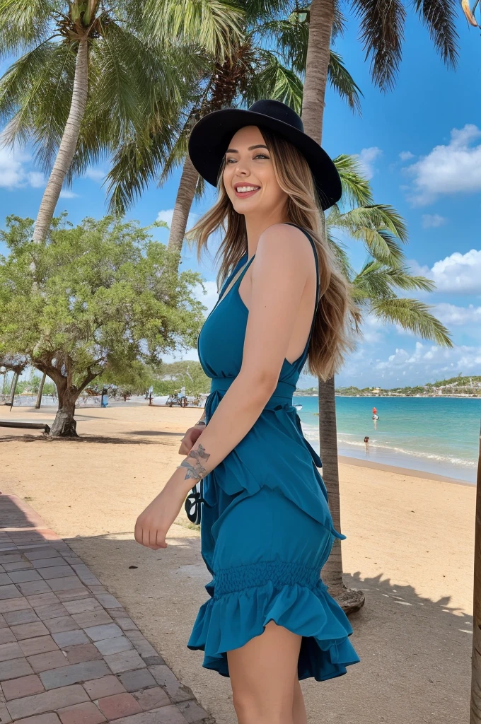 (best quality,highres,ultra-detailed:1.2), HDR, vivid colors, beautiful girl, lively atmosphere, happy people, stunning view, sunny weather, elegant dress, stylish hat, joyful expression, long flowing hair, Cancun Beach, palm trees, blue sky, warm sunshine, laughter and laughter, carefree moments, boats in background,
