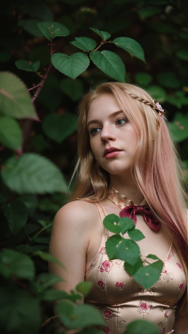 Cinematographic still featuring a 18yo girl, high resolution, Realism, 8K. A blonde curvy girl(with very pale skin, long hair(combed back)), (freckles:0.55), Hair: gold-blonde hair(Straight LONG hair).
Dressed in a revealing tight lace-outfit(burgundy/ Rose-Gold, with intricate floral-patterns, and a ribbon-bow tie, gold details) **Background**: Standing(surrounded by greenery lush plants and cats).
, **Visual Effects**: - (((**Color Palette**: Burgundy/Rose-Gold ))). And The colors are desaturated(emphasizing the gloom). The overall effect is akin to the Kodachrome slides of yesteryears, with a touch of Lomography’s(capturing a moment frozen in time). The scene is dark, withbacklighting and a blurred bokeh background. ((CLOSE UP SHOT, from the below view))