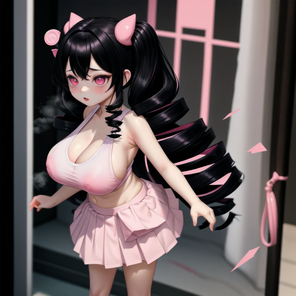 black hair, female, twin drills, solo, smol, pink eyes, massive breasts, very long hair, wear white sports bra and pink skirt, masterpiece, ultra high quality