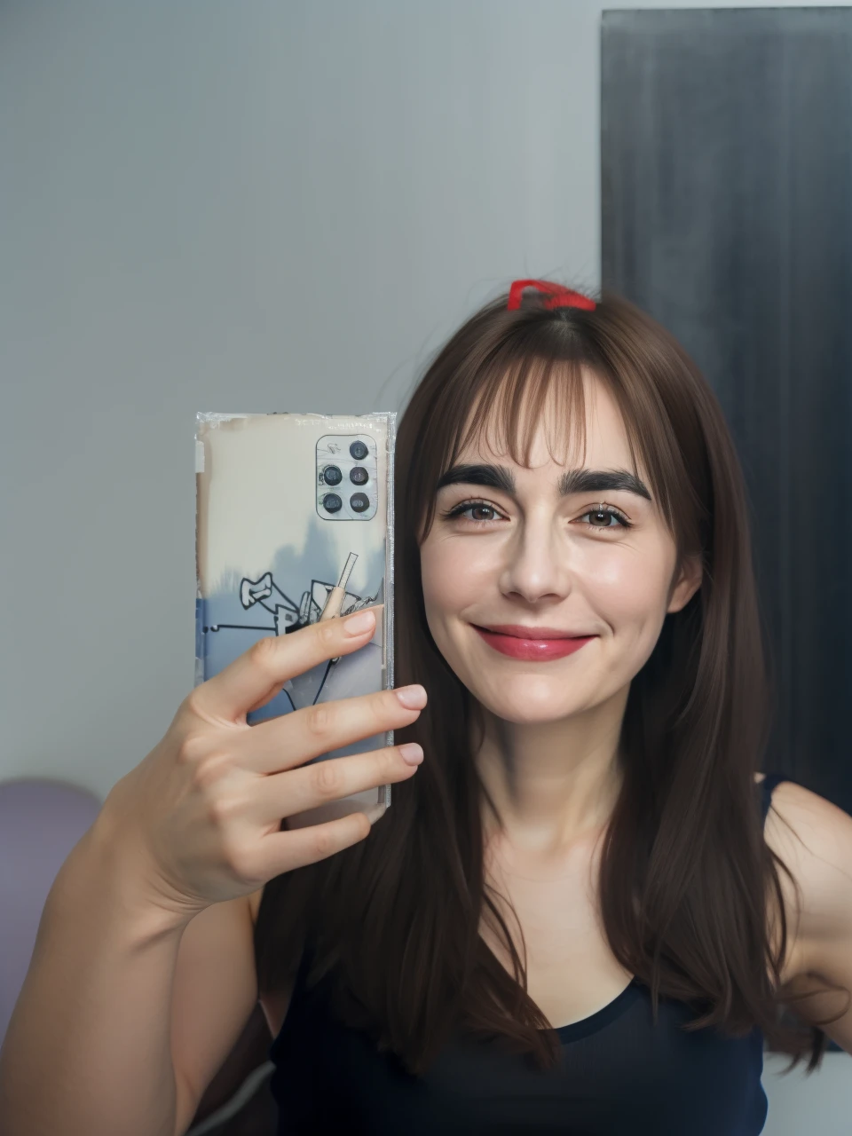 1 , dark brown hair, dark brown eyes, medium hair and bangs, slim, role model, with blue tank top, White background, Grinning, medium thick and filled eyebrows, 14 years