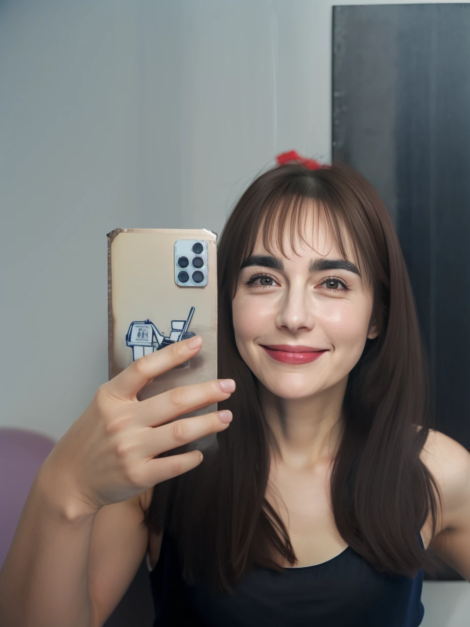1 , dark brown hair, dark brown eyes, medium hair and bangs, slim, role model, with blue tank top, White background, Grinning, medium thick and filled eyebrows, 14 years