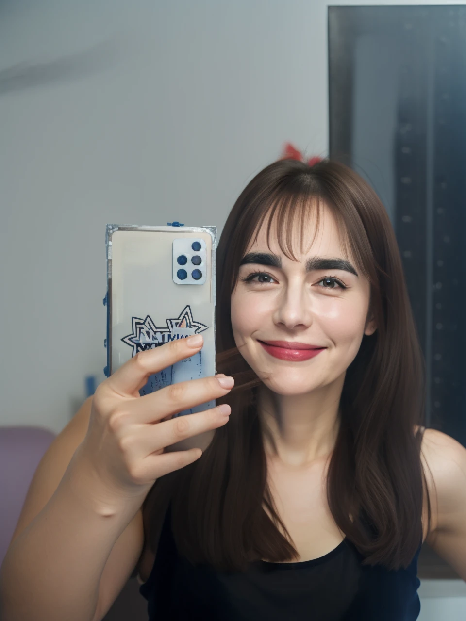 1 , dark brown hair, dark brown eyes, medium hair and bangs, slim, role model, with blue tank top, White background, Grinning, medium thick and filled eyebrows, 14 years