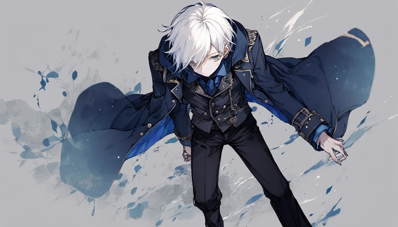 Male, anime style, white hair, dark blue coat, black pants