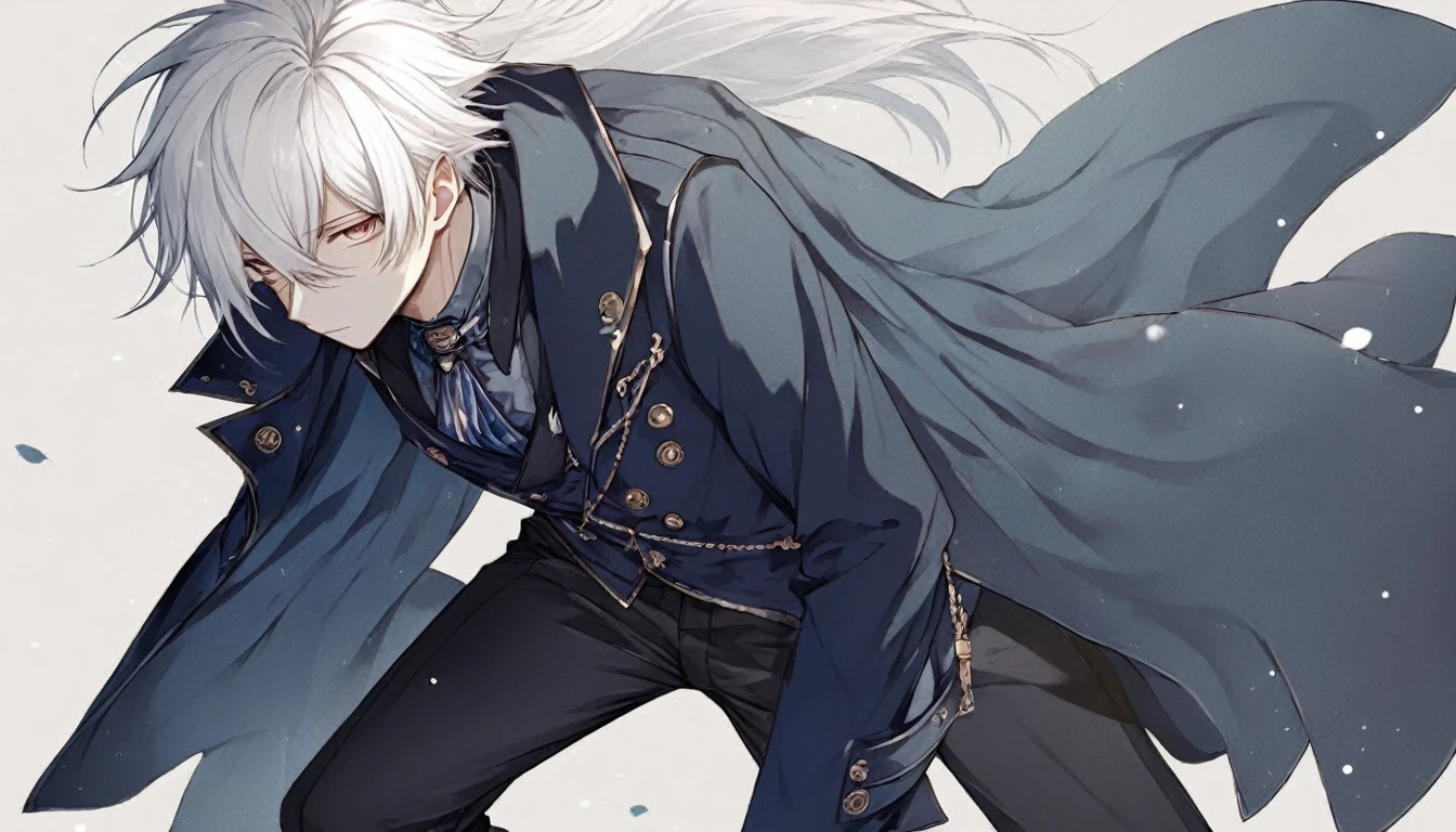 Male, anime style, white hair, dark blue coat, black pants