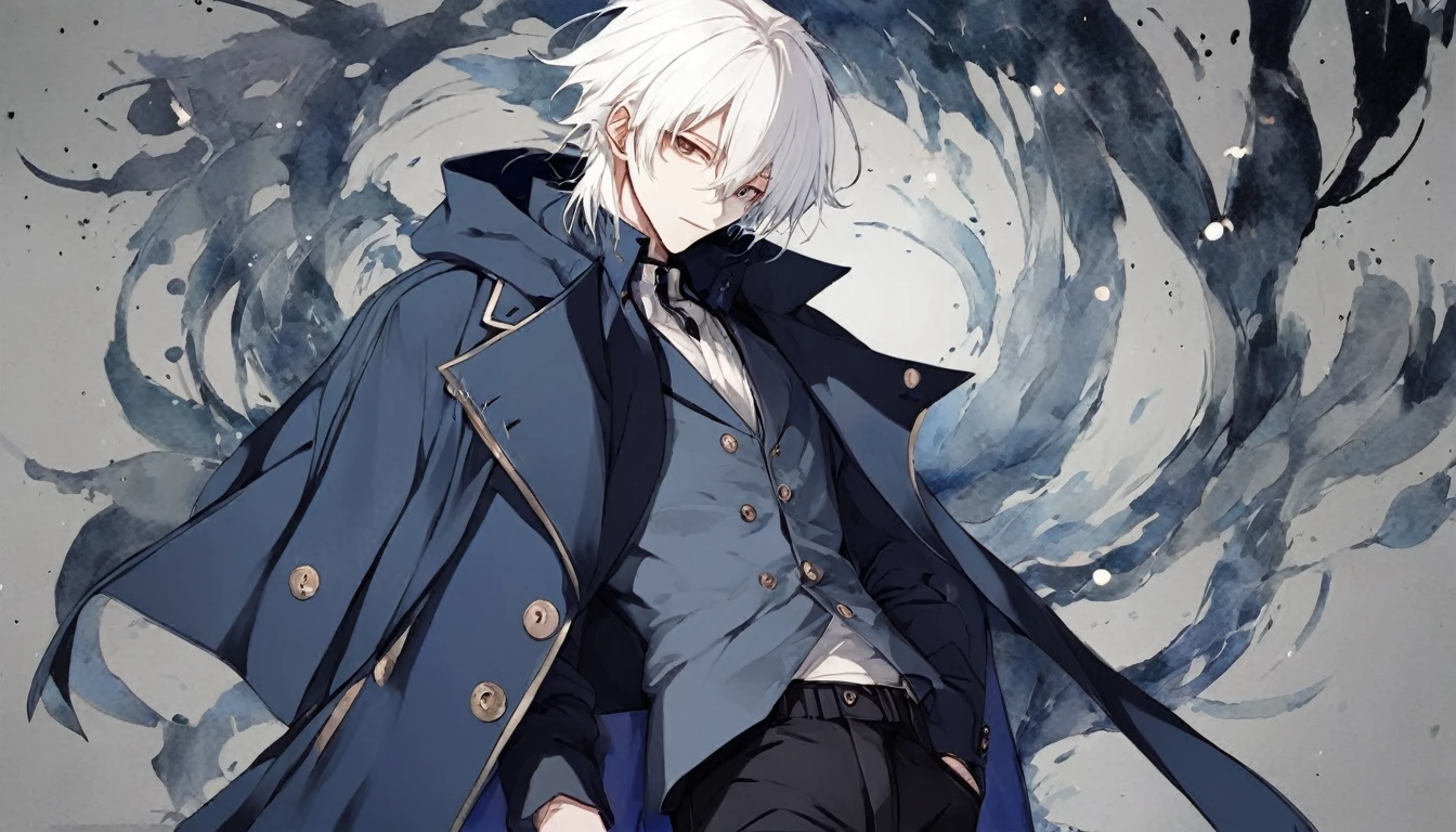 Male, anime style, white hair, dark blue coat, black pants