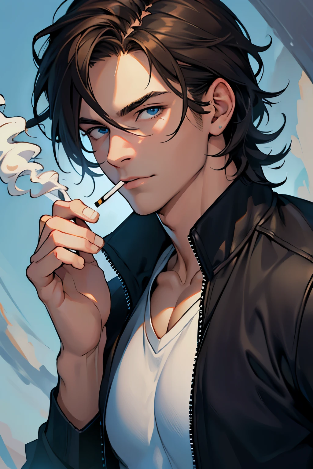 (masterpiece, best quality, highres, ultra-detailed), 1man, male, male body, cigarette, smoke, dark brown hair, medium hair, dark blue eyes. Bad.