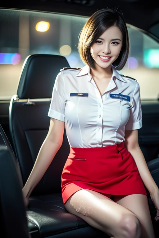 (a gorgeous lady, age 21, Flight Attendant uniform, Shenzhen Airlines Stewardess, wet white shirt, wet red mini-skirt, driving inside the DeLorean time machine, dimpled smile, short ponytai hair, short bob hair, cute snaggleteeth, well-endowed round bosom, long flawless legs, photorealistic, beautiful detailed eyes, beautiful detailed face, hyper-realism, high contrast, ultra HD, realistic skin textures, top image quality, top-quality, super high resolution, fine details, very meticulously, close-up shot, head to thigh, fateful night, dark bokeh background, 1.21 gigawatts lighting)
