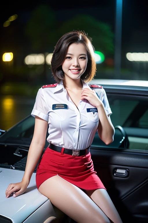 (a gorgeous lady, age 21, Flight Attendant uniform, Shenzhen Airlines Stewardess, wet white shirt, wet red mini-skirt, driving inside the DeLorean time machine, dimpled smile, short ponytai hair, short bob hair, cute snaggleteeth, well-endowed round bosom, long flawless legs, photorealistic, beautiful detailed eyes, beautiful detailed face, hyper-realism, high contrast, ultra HD, realistic skin textures, top image quality, top-quality, super high resolution, fine details, very meticulously, close-up shot, head to thigh, fateful night, dark bokeh background, 1.21 gigawatts lighting)