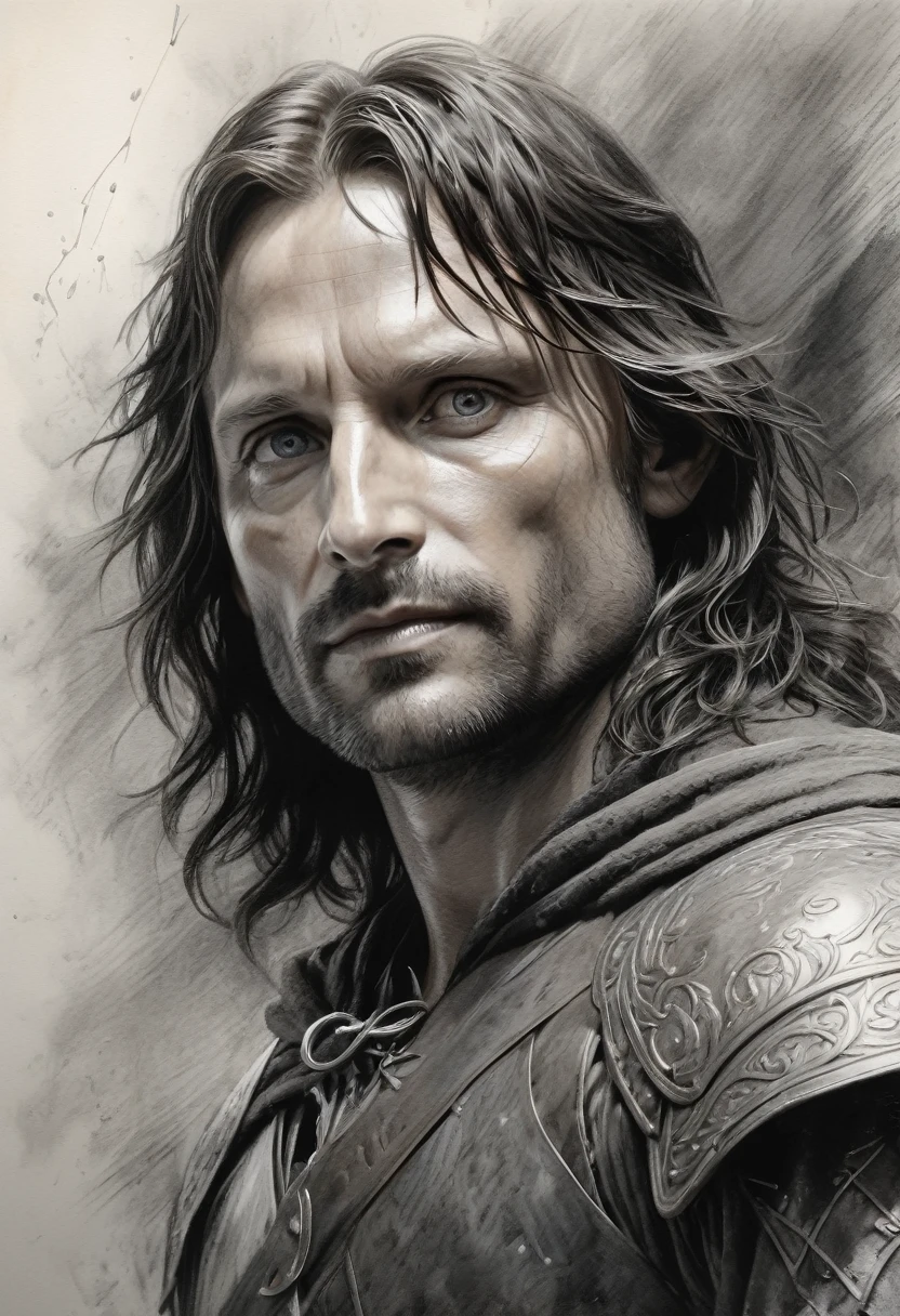 stunning black and white graphite sketch of Aragorn, up close shot, from The Lord Of The Rings trilogy, in dynamic pose, by Anna Razumovskay, (by Alyssa Monks:1.1), by Joseph Lorusso, by Lilia Alvarado, beautiful lighting, sharp focus, 8k, high res, (pores:0.1), (sweaty:0.8), Masterpiece, Nikon Z9, Award - winning photograph, --ar 16:9 --style raw --stylize 750 --niji 6, perfect composition, beautiful detailed intricate insanely detailed octane render trending on artstation, 8 k artistic photography, photorealistic concept art, soft natural volumetric cinematic perfect, wide angle view