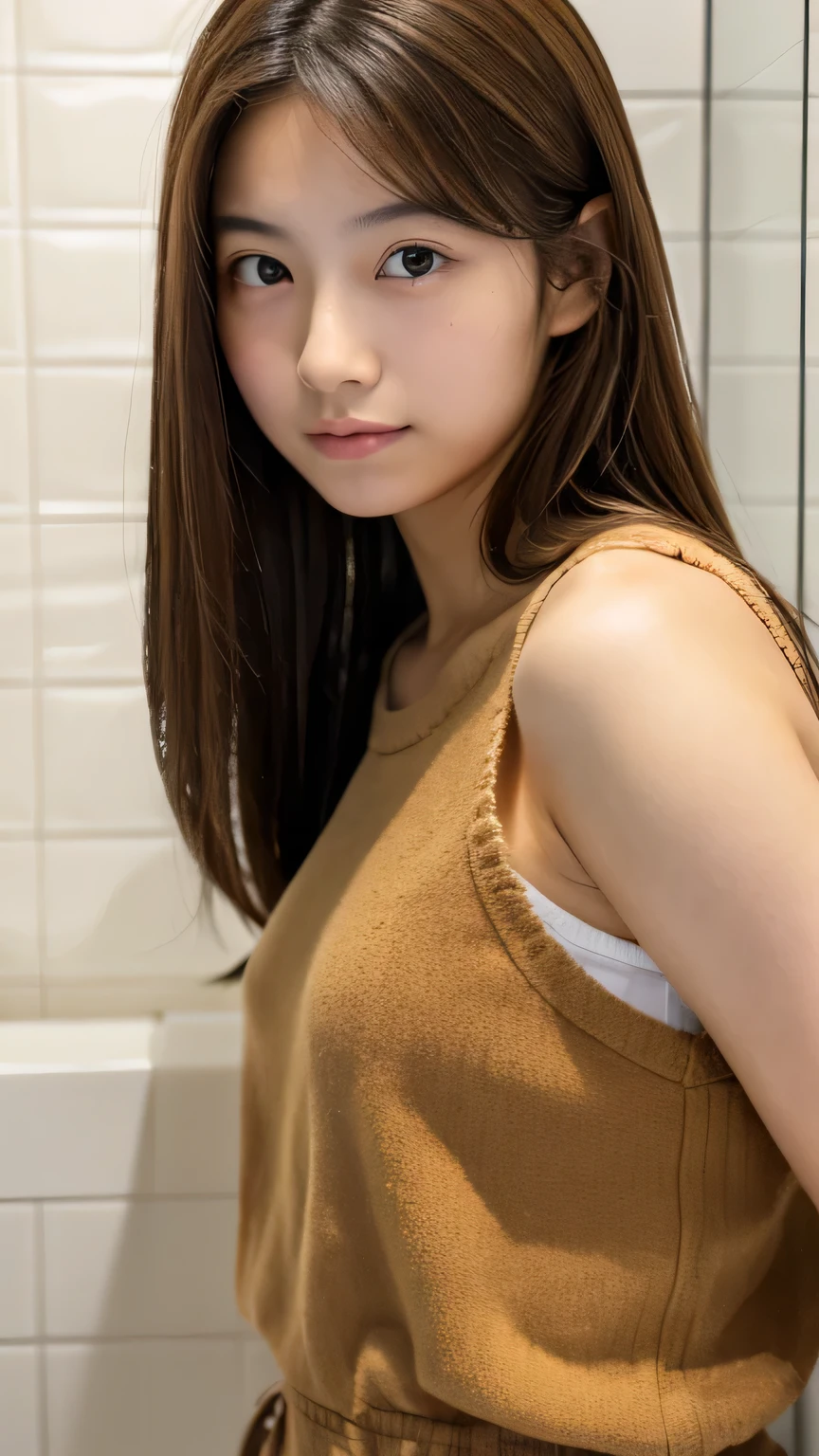 (masterpiece:1.2), Japanese, (((18 years old))), (a girl), bathroom, upper body, light-brown hair, 