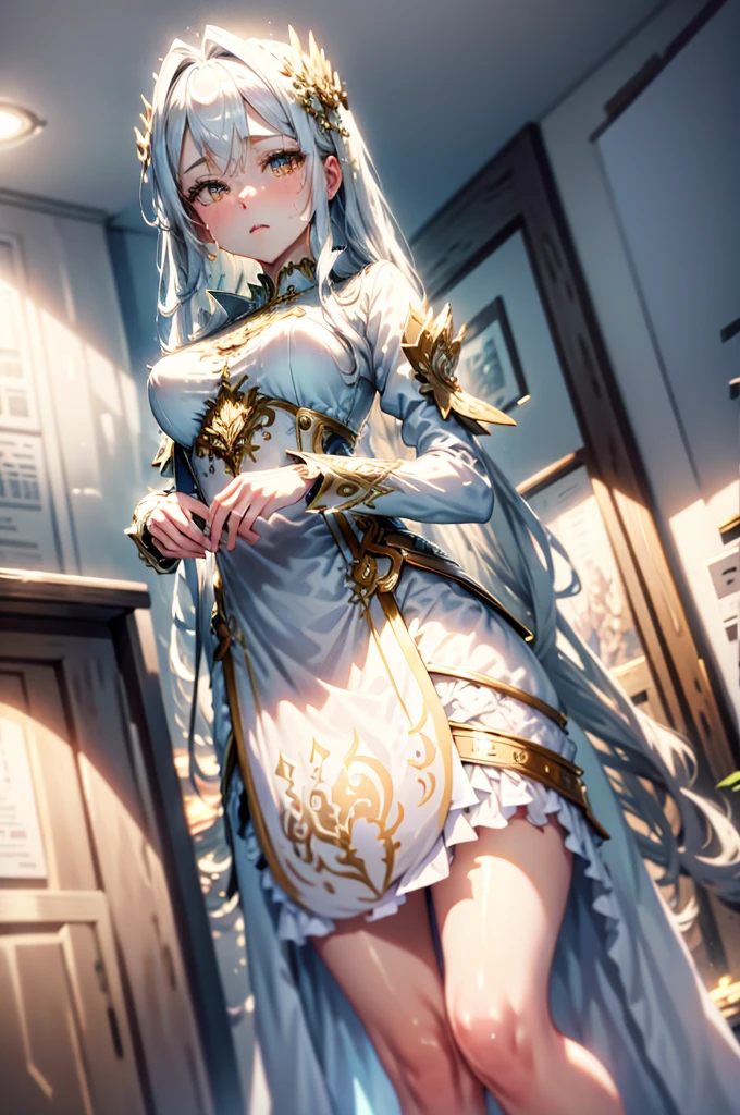 stand girl , dress white with details in gold