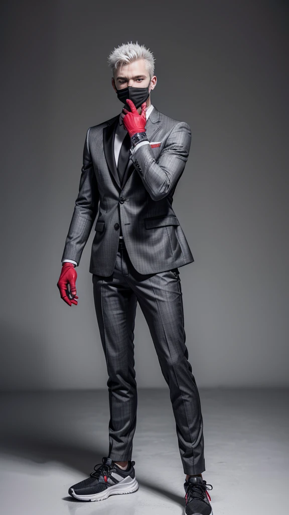 A literally white boy with spiky gray hair, with a full face theather mask without expression, wearing a black and gray suit, with a red glove on his right hand, with gray pants with black details and black sneakers, full bodied, full body view, full white background, highly detailed 