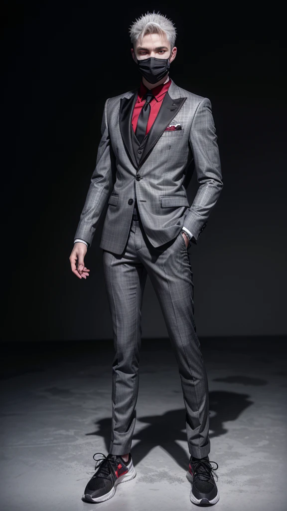 A literally white boy with spiky gray hair, with a full face theather mask without expression, wearing a black and gray suit, with a red glove on his right hand, with gray pants with black details and black sneakers, full bodied, full body view, full white background, highly detailed 