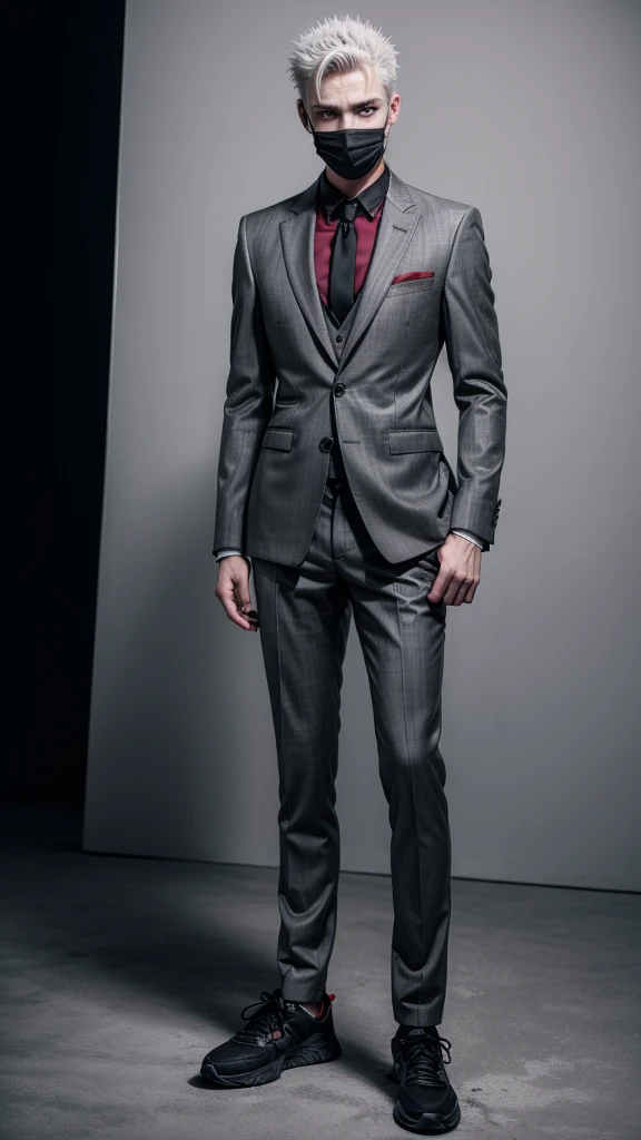 A literally white boy with spiky gray hair, with a full face theather mask without expression, wearing a black and gray suit, with a red glove on his right hand, with gray pants with black details and black sneakers, full bodied, full body view, full white background, highly detailed