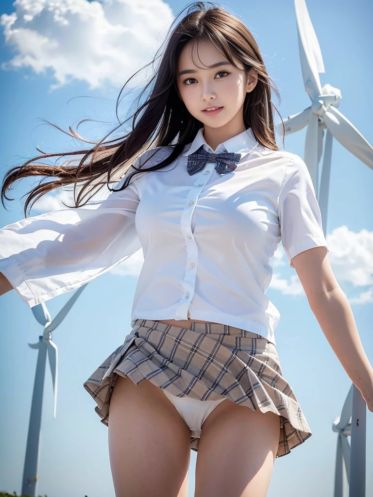 Ultra-high resolution,(reality: 1.4),Highest quality, masterpiece, High detail, 16K quality, beautiful, 1 beautiful girl,Japanese,super beautiful face,,Japanese idol face,Cute face,Highly detailed face,Fine hand,beautiful skin,Sweaty skin,Big eyes,Big smile,Professional Lighting,Medium Hair, Black Hair,brown beautiful eyes, White shirt,bow tie,Brown Check Skirt,Are standing,Skirt flip,((Increase in wind power:1.3)),(((Showing panties))),((White panties)),Medium Chest,She is looking at the camera,Beach,blue sky, beautiful blue ocean,Browsing Caution,from the front,