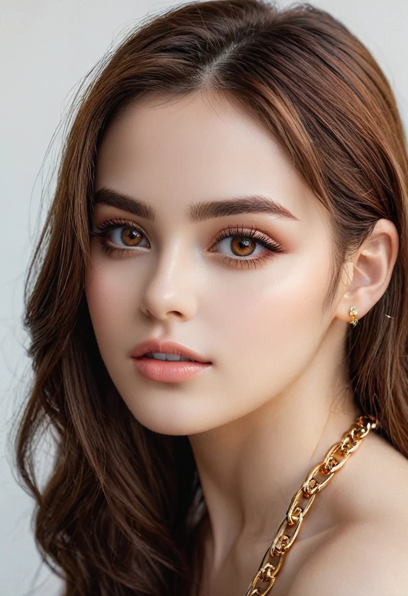 ((best soft studio lighting: 1.25)), (1girl: 1.3, 19 years), photorealistic Realism 16K Quality, ultra resolution, (high quality skin with realistic texture), (high quality hair with realistic texture), ((brown hair, (combed on one side), ultra detailed: 1.32)), ((perfect proportions)),((anatomically correct)), (((firm and full breasts: 1.22))), (intricately detailed beautiful face), (light pale complexion), (intricately detailed beautiful face), (light pale complexion) BREAK ((ultra absurd quality, extremely detailed detail, ultra resolution, clear sharp focus, not blurry, (Realistic brown eyes)), (The ultra -The high-definition), depth of field), ((jewelry), (bracelets), pendants, (earrings), everyday items)), Attention to detail, Double eyelids, full bodyesbian, medium Contrast, long leg, ass go up, (Erotic:1.5), ((looks forward)), (sharp focus), ((wind in your hair)), ((in a squatting position)), ((dressed in a bondage made of chain)), (all intimate places on are covered with chain), ((highly elaborate, extravagant microscopic streetwear: 1.2)), transparent colored PVC