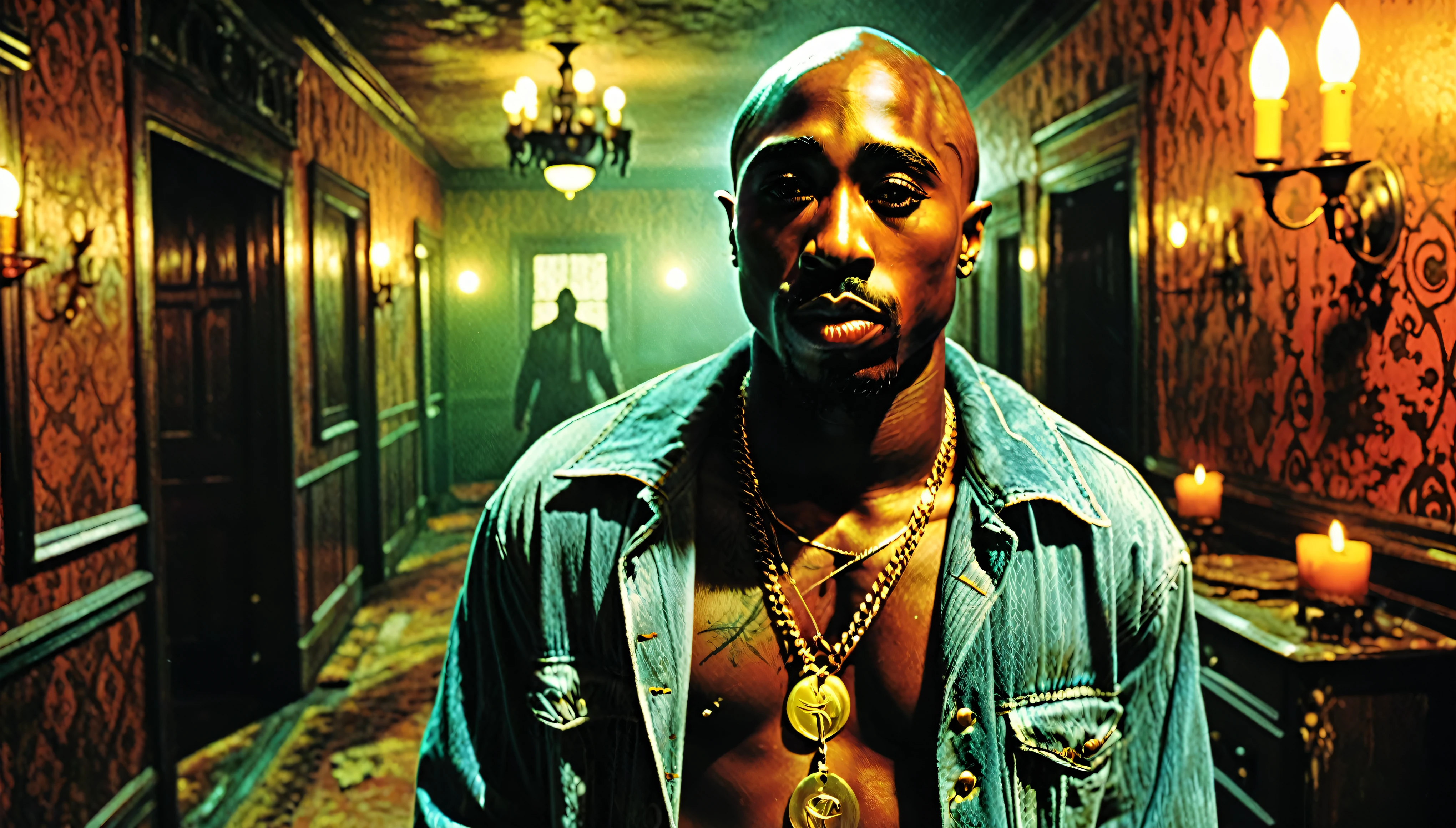 1970s photo of "2Pac" in a haunted house, atmospheric perspective, textured skin, cinematic action, super detail,
