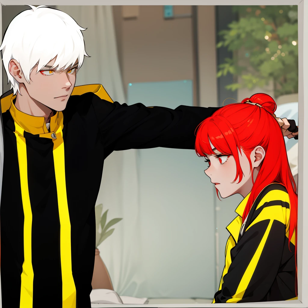 There is a boy with white hair, yellow eyes and a girl with red hair and red eyes, they are talking seriously, worried about an important delicate topic.