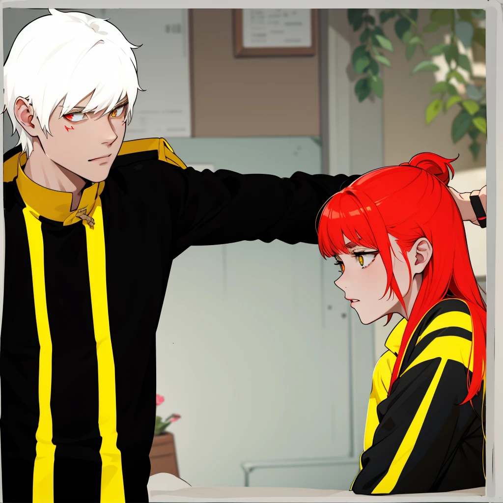 There is a boy with white hair, yellow eyes and a girl with red hair and red eyes, they are talking seriously, worried about an important delicate topic.