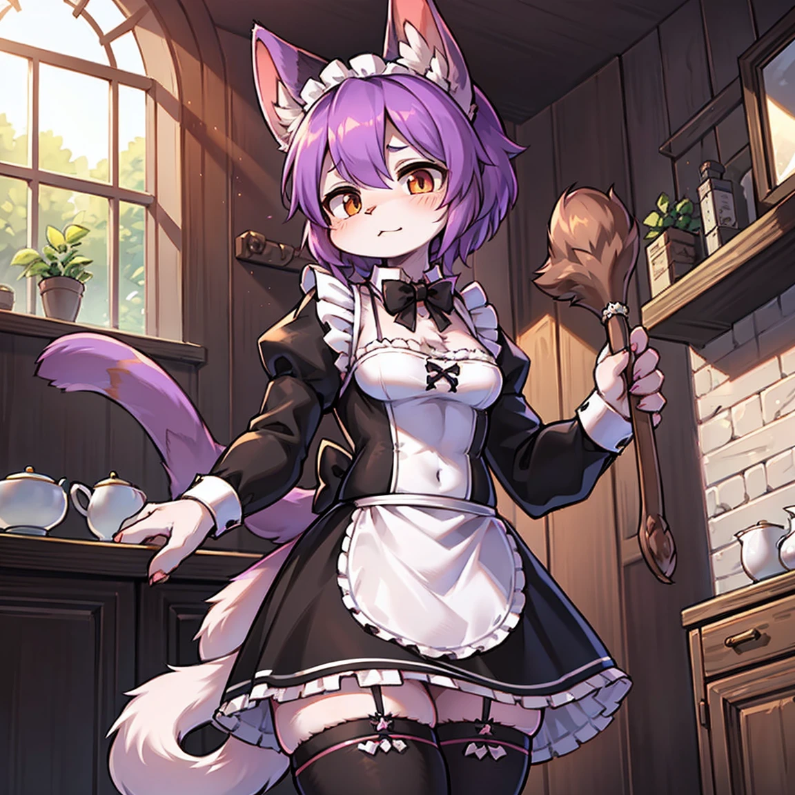 1 Hairy, hairy woman, standing alone, whole body, Cat Varieties Holland Lop, Circular cat tail, Purple Cattail, Cat's ears, shorth hair, dressed in maid outfit, black maid outfit, detailded, white bow tie on the neck, holding equipment for serving tea, Inside the house, present was
