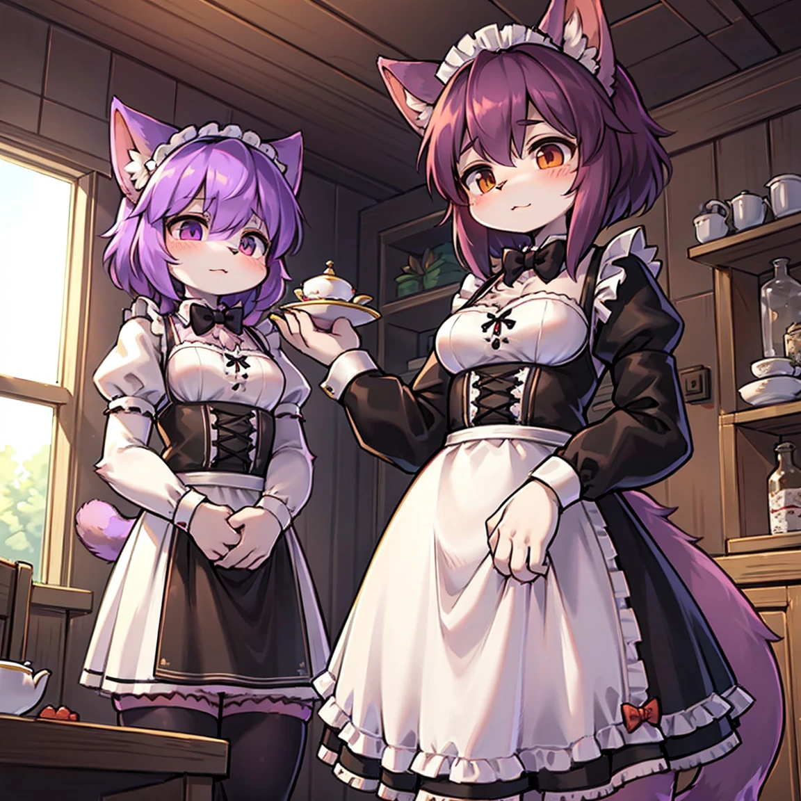 1 Hairy, hairy woman, standing alone, whole body, Cat Varieties Holland Lop, Circular cat tail, Purple Cattail, Cat's ears, shorth hair, dressed in maid outfit, black maid outfit, detailded, white bow tie on the neck, holding equipment for serving tea, Inside the house, present was
