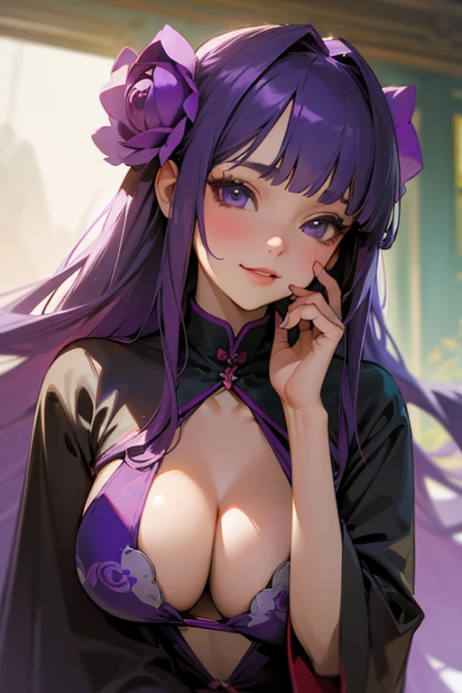 Face close-up、1 Girl, Blunt bangs, Wide sleeves, hair ornaments,Swimwear、(Purple Hair:1.2), Very long hair, Straight hair, Looking at the audience, Highly detailed background, (Realistic:1.2), Beautiful Eyes, Red eyeshadow, Written boundary depth，thigh, (Urzan-6500:0.7), Upper Body, (alone:1.2), Cleavage, Shiny skin、Hair blowing in the wind、Four fingers, One thumb、Rose、Floral pattern on clothes、drink alcohol、Please put your hands on your hips、Face close-up、close、Stick your butt out、Laugh gently、Swimwear、A kind smile、front、