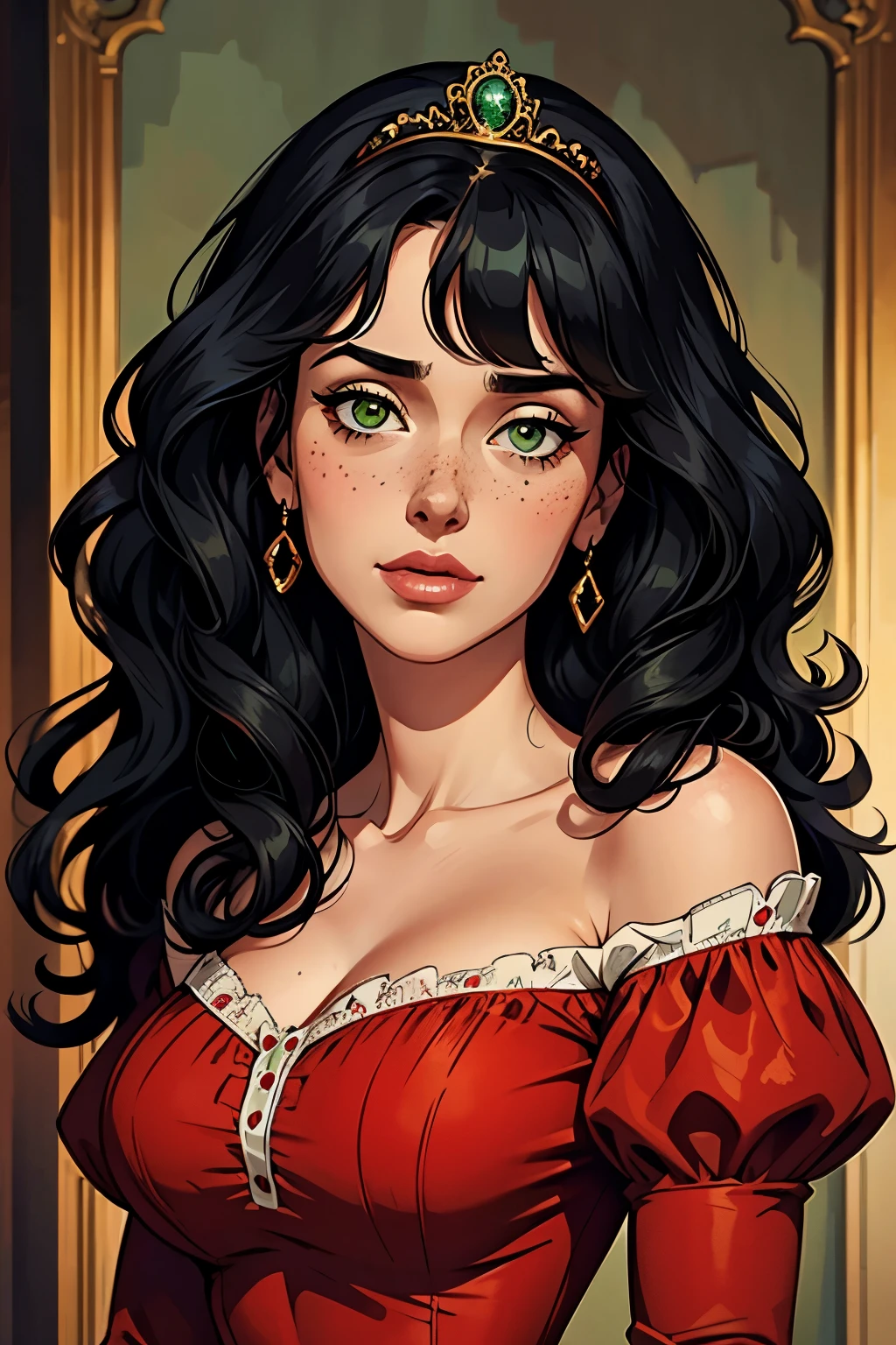 One girl, curly_hair, afro_hair, black_hair, long_hair, bangs, beautifull_face, detailed_face, pecas, slanted_eyes, slim_face, green_eyes, red_dress, princess_dress, neckline, victorian_dress,