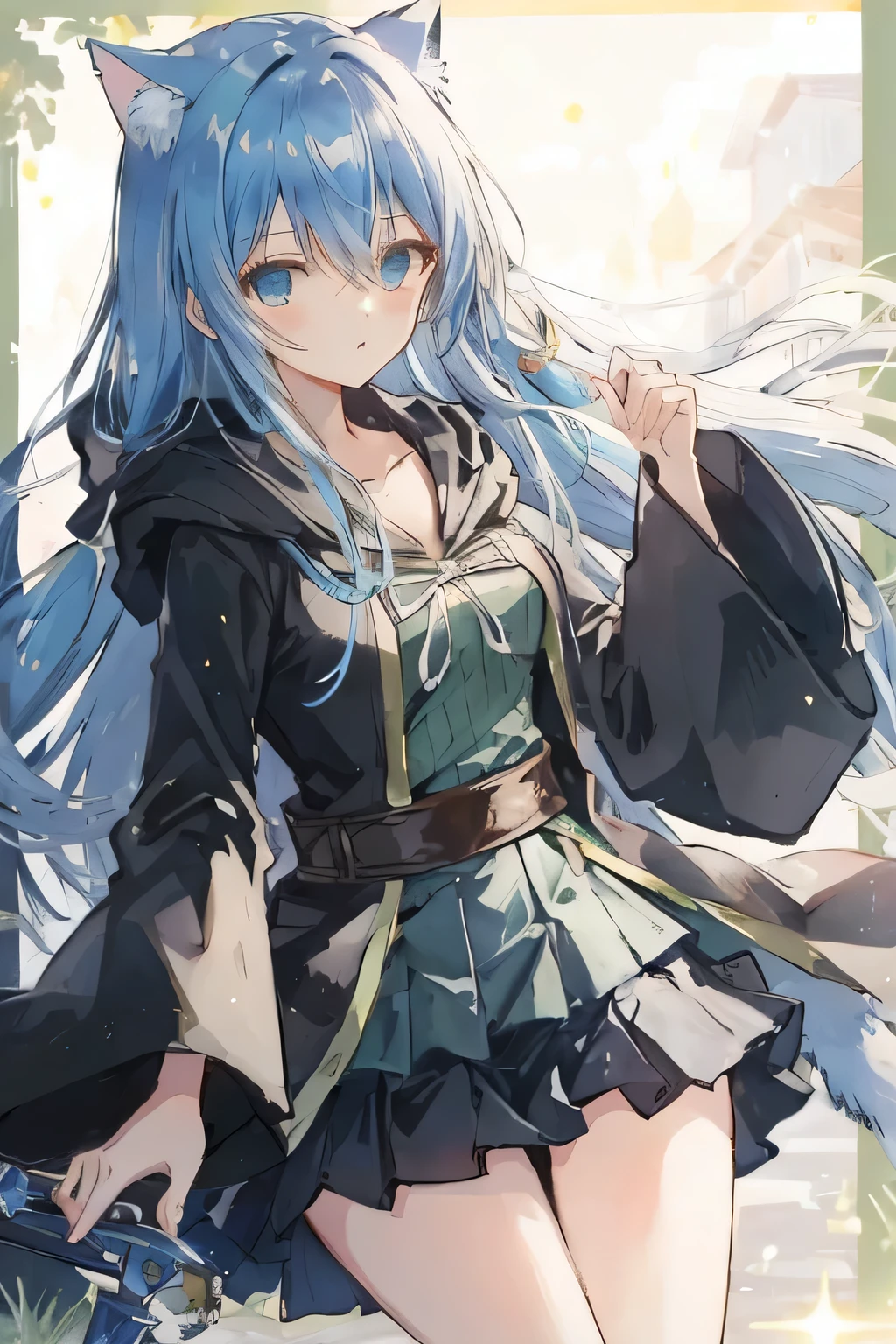 eria ygo, Tarot border,The portrait is centered,(no weapon), masterpiece, best quality, Ultra-high quality CG, 1 girl, Solitary, Long hair, Looking at the audience, skirt, shirt, Long sleeve, Keep, Hair between the eyes, Medium breasts, Keep your mouth shut, clavicle, pleated skirt, Open clothes, hood, Wide sleeves, black skirt, hood down, robe, green shirt, ribbed shirt, open robe, hooded robe, (cat girl), cat ear