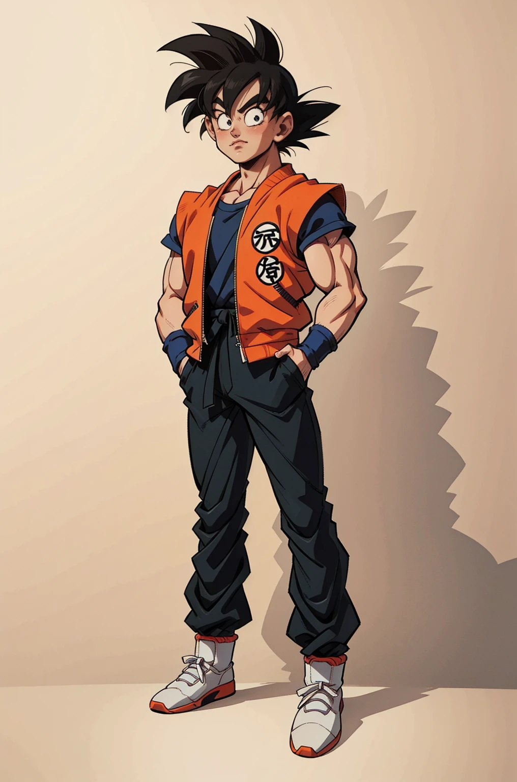 1man, fashion outfit, son goku from dragon ball, akira toriyama style, full body, detail, face detail, amazing art, simple background, 