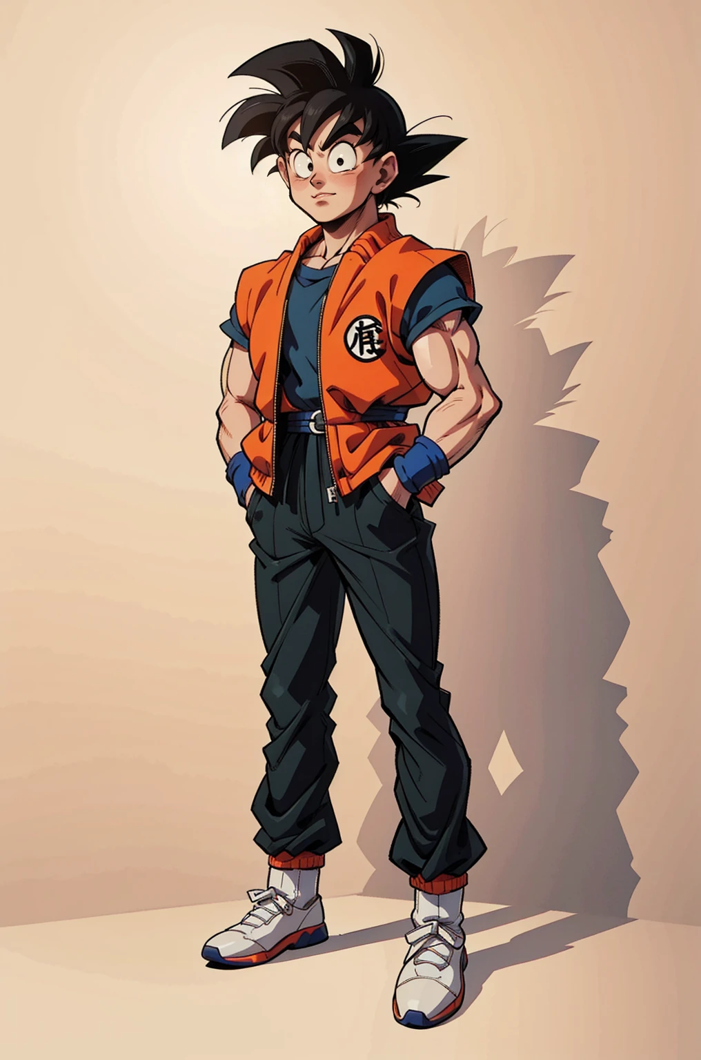 1man, fashion outfit, son goku from dragon ball, akira toriyama style, full body, detail, face detail, amazing art, simple background,