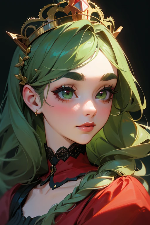 (Highest quality, masterpiece:1.2), High resolution, Very detailed, Realistic:1.37, Fantasy, An illustration, Green Eyes、Queen, Red lace dress.Platinum decoration、beautifully、Eyeshadow Red、Thick eyebrows、Long eyelashes、pupils are black、Her hair is dark green、Gold crown、Kissing Face、Embarrassing、Beloved by the crowd、Hair is green、Braiding、hair ornaments、Laugh out loud、
