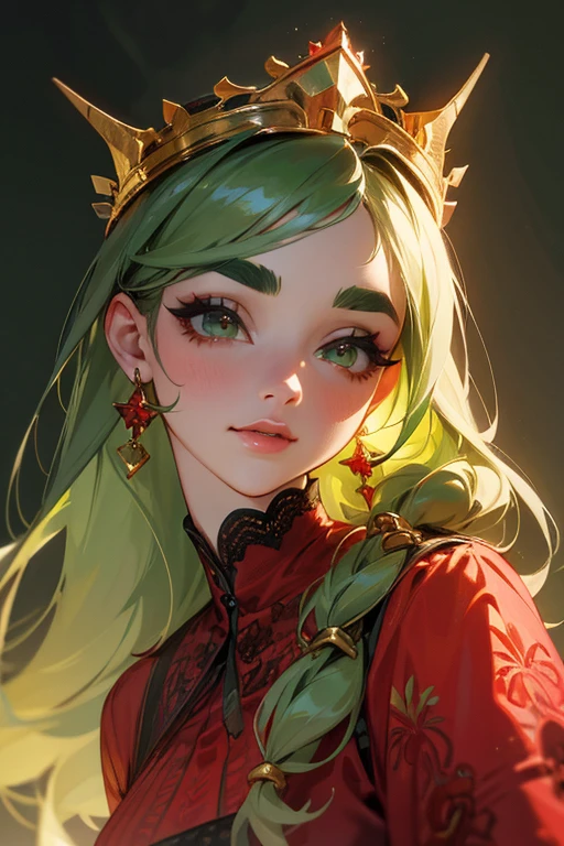 (Highest quality, masterpiece:1.2), High resolution, Very detailed, Realistic:1.37, Fantasy, An illustration, Green Eyes、Queen, Red lace dress.Platinum decoration、beautifully、Eyeshadow Red、Thick eyebrows、Long eyelashes、pupils are black、Her hair is dark green、Gold crown、Kissing Face、Embarrassing、Beloved by the crowd、Hair is green、Braiding、hair ornaments、Laugh out loud、
