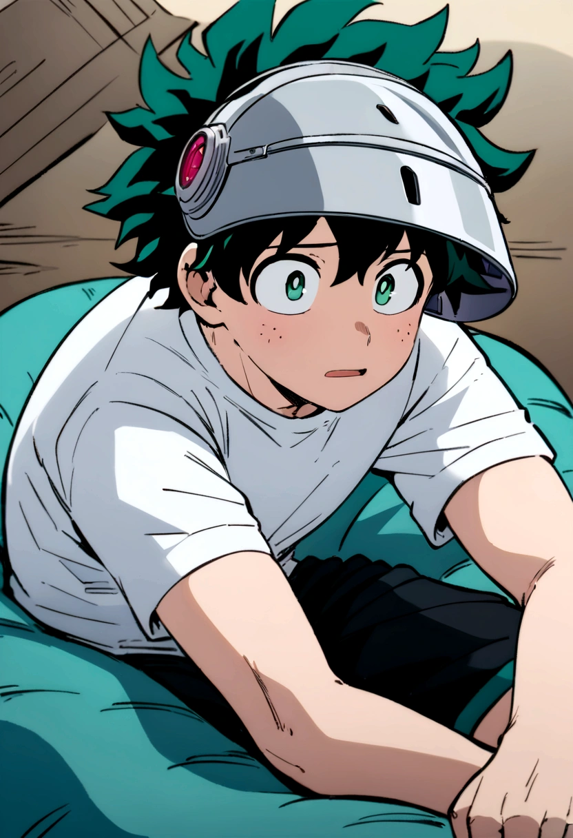 (masterpiece, best quality:1.2), solo, male focus, 1boy, midoriya izuku, short green hair, green eyes, white t-shirt, black shorts, domed helmet with visor covering eyes, mind control device, vacant expression, mouth hanging open, sitting in bean bag, anime style, my hero academia style