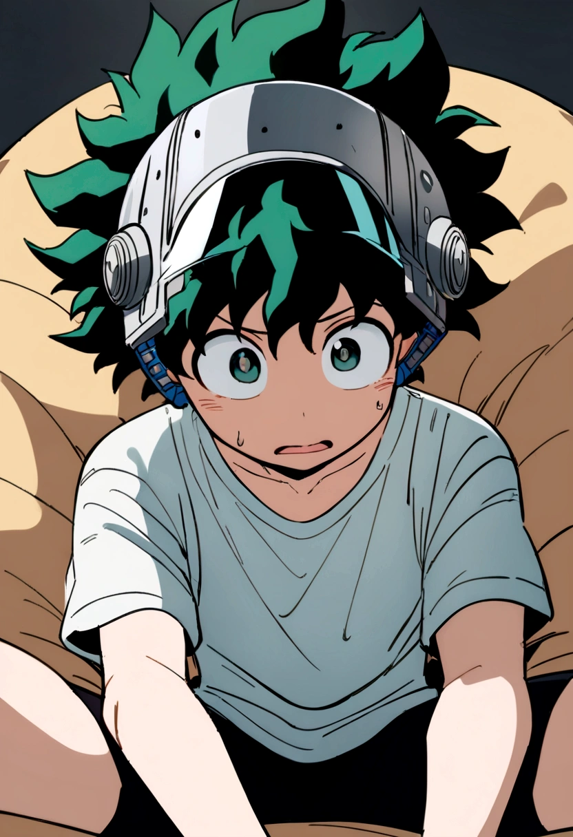 (masterpiece, best quality:1.2), solo, male focus, 1boy, midoriya izuku, short green hair, green eyes, white t-shirt, black shorts, domed helmet with visor covering eyes, mind control device, vacant expression, mouth hanging open, sitting in bean bag, anime style, my hero academia style