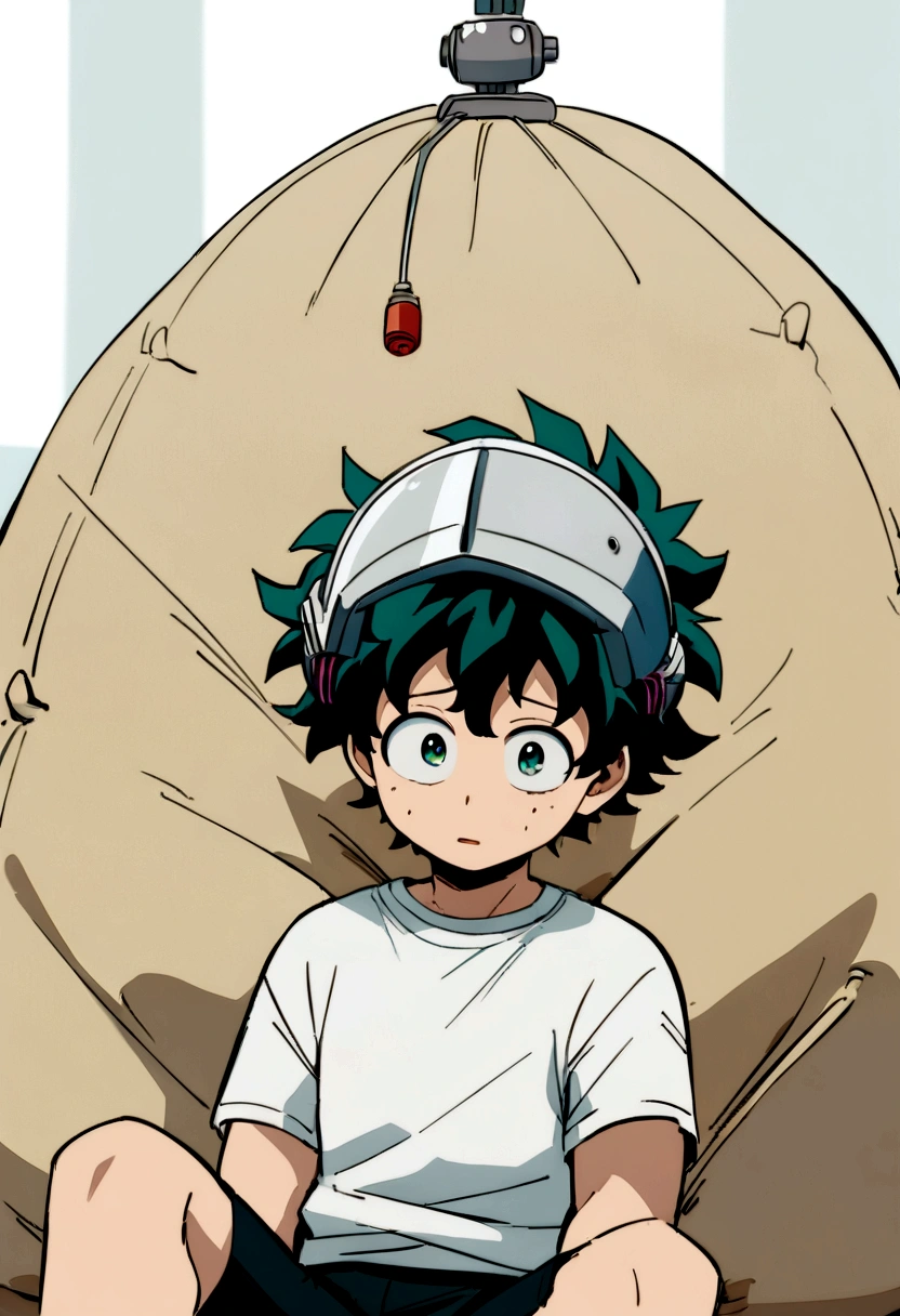 (masterpiece, best quality:1.2), solo, male focus, 1boy, midoriya izuku, short green hair, green eyes, white t-shirt, black shorts, domed helmet with visor covering eyes, mind control device, vacant expression, mouth hanging open, sitting in bean bag, anime style, my hero academia style