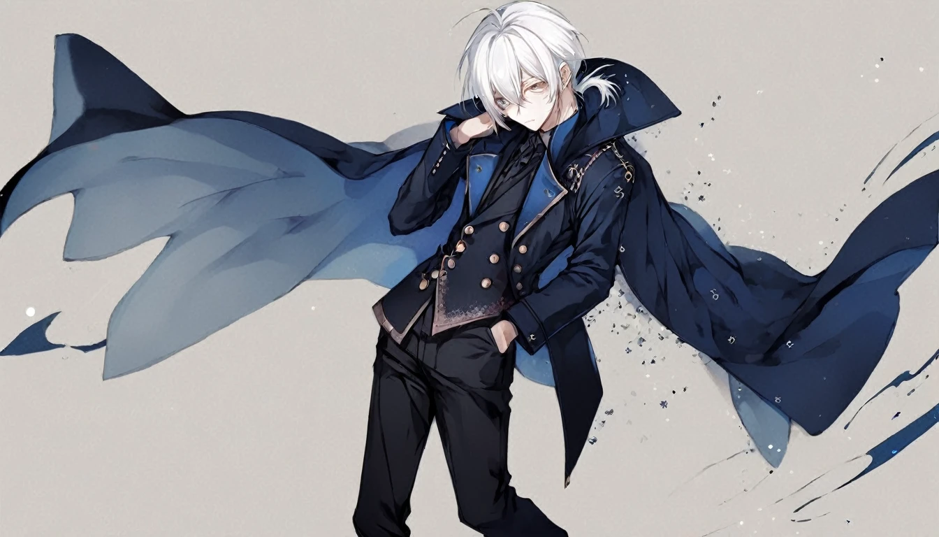 Male, anime style, white hair, dark blue coat, black pants