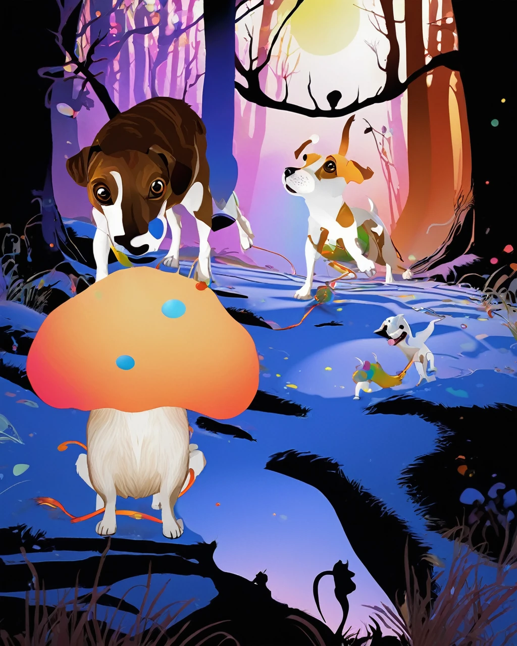 a white and tan jack russell terrier named George ate all of his owner's psychedelic psilocybin mushrooms and now he finds himself tripping BALLS on a wacky wild adventure with his new best friend who happens to be a brown and white GOAT named Kevin, digital illustration, holographic, firey, fire, photorealistic, whimsical, colourful lighting, wide angle lens, slow shutter speed