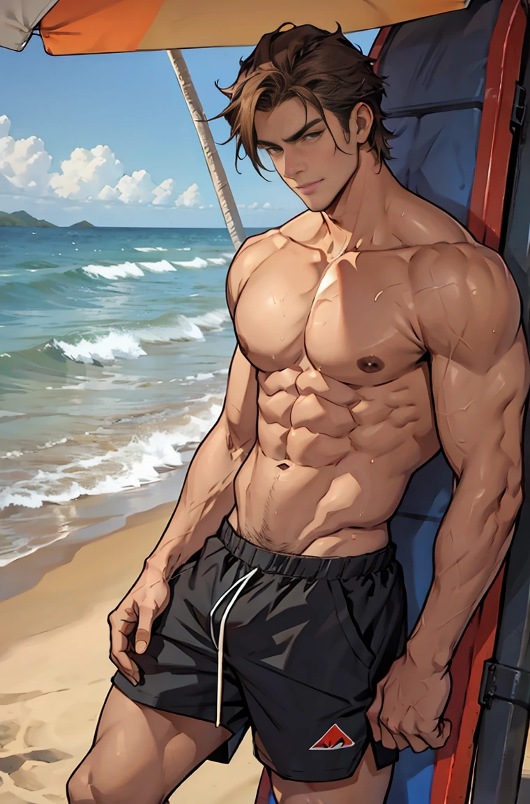 Very tall man, beach shorts, at beach, perfectbody, sexy man 