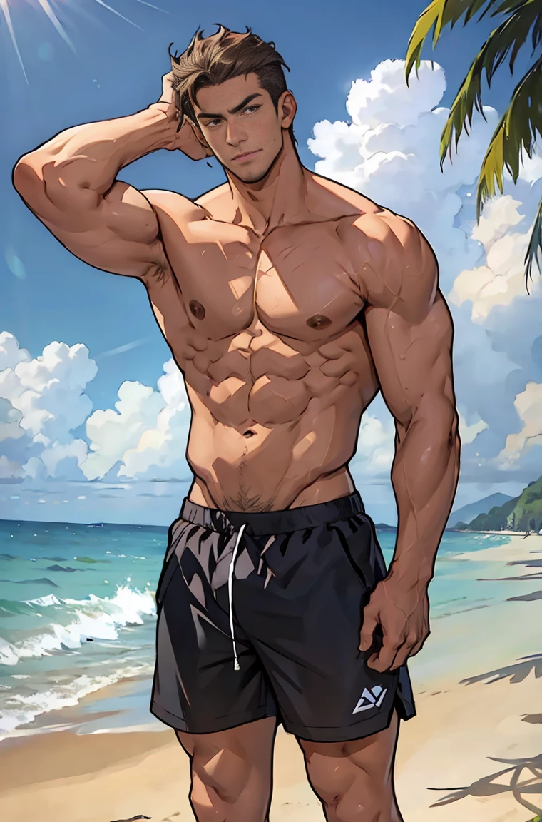 Very tall man, beach shorts, at beach, perfectbody, sexy man 