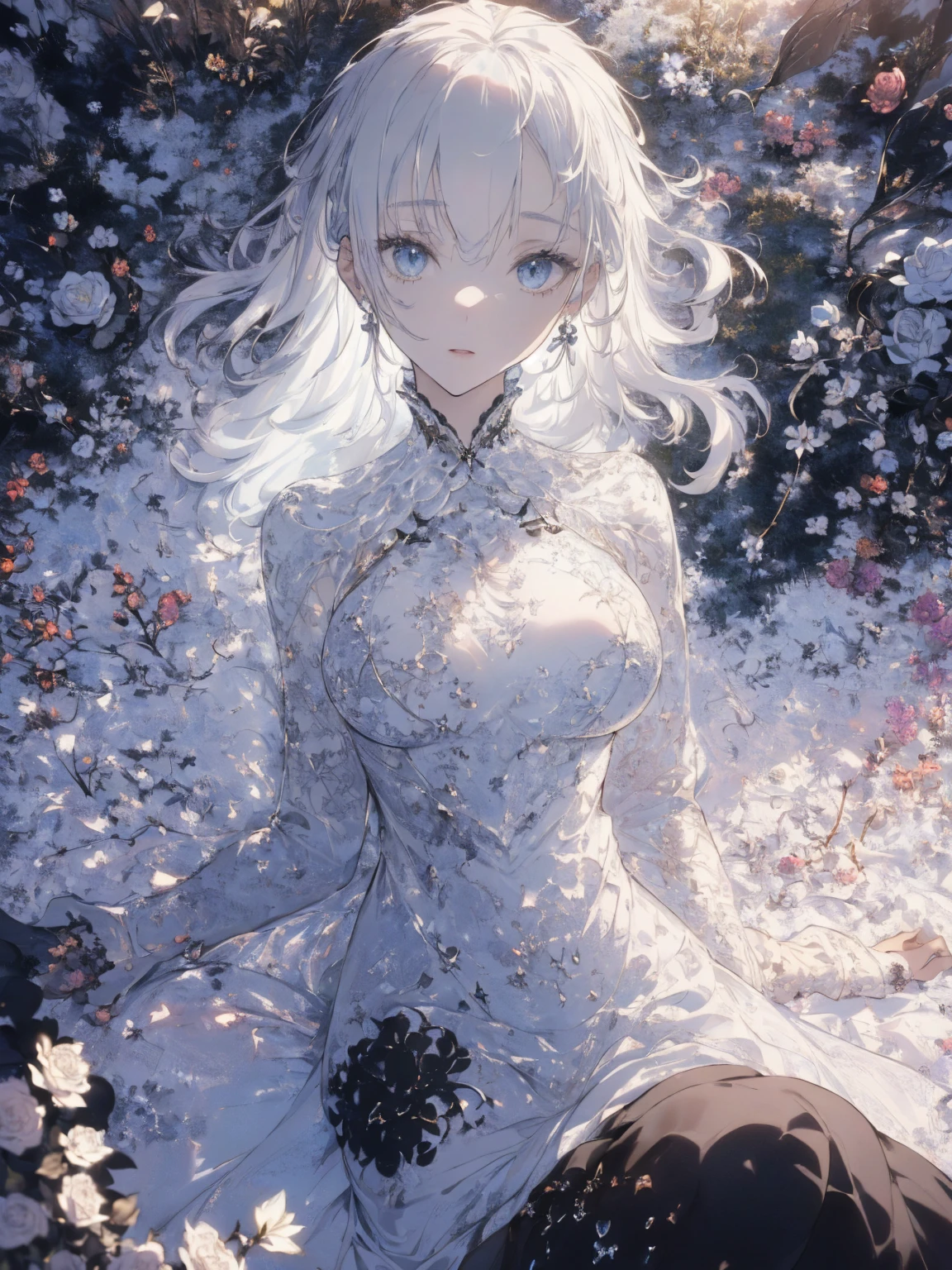 (Landscape photo, with a woman in the bottom right of photo:1.5, in white garden:1.5), Masterpiece, best quality, (very detailed CG unity 8k wallpaper), (best quality), High definition RAW color art, Animation,sculptures, (black Marble Skin), (((Ultra detailed elegant))), Magical atmosphere, Detailed skin, Texture,(Intricately detailed, Fine detail, ultra-detail art), depth of fields, Bokeh, Silky Touch, Hyper Detail, beautiful eyes, elegant face, (lying on floor, upper body focus), sparkle background, enormous breast:1.3, (silver hair), pure white, pose, muscle, embarrassing face, rose, light