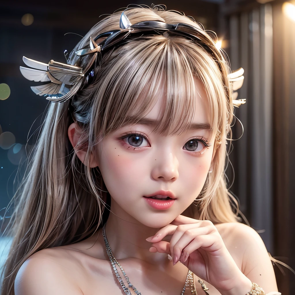 NSFW, 8k, High-level, absurd, masterpiece, best quality, primitive, very detailed CG, very detailed wallpaper, perfect lighting, Extremely detailed (((The personifying " Valkyrie " as a Little Girl))), MysticSight, Tyndall effect, Tyndall scattering, Studio gray background with (many Dazzling RainbowColor particles BokeH:1.28), (RoundlyButts, ThighGap), (Exposed:0.4), (Assfocus with looking ahead), BREAK (NOGIZAKA face variations) Extremely Detailed very KAWAII face variations, perfect anatomy, Childish, captivating gaze, elaborate detailed Eyes with (sparkling highlights:1.28), long eyelashes、Glossy RED Lips with beautiful details, Coquettish tongue, Rosy cheeks, Radiant PearlSkin with clear transparency . { (Dynamic LifeLike expressions:1.4) | :d) }, (large eyes:-1) .