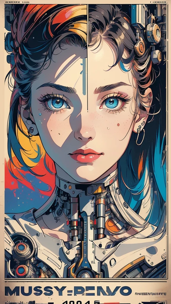 (((masterpiece, highest quality))),(((solo:1.2))),(((1girl:1.2))),32k wallpaper, very detailed,(((((portfolio))))),(((((Close-up))))),(((((bust up))))),((((more various angle)))),(((highlight))),((((heterochromia)))),(((complete. detailed face))),((((Extremely talented)))),(((((most complicated machine))))),(((genius mechanic))),((Overall colorfully)),(((cyborg))),(((retro vintage movie poster)))