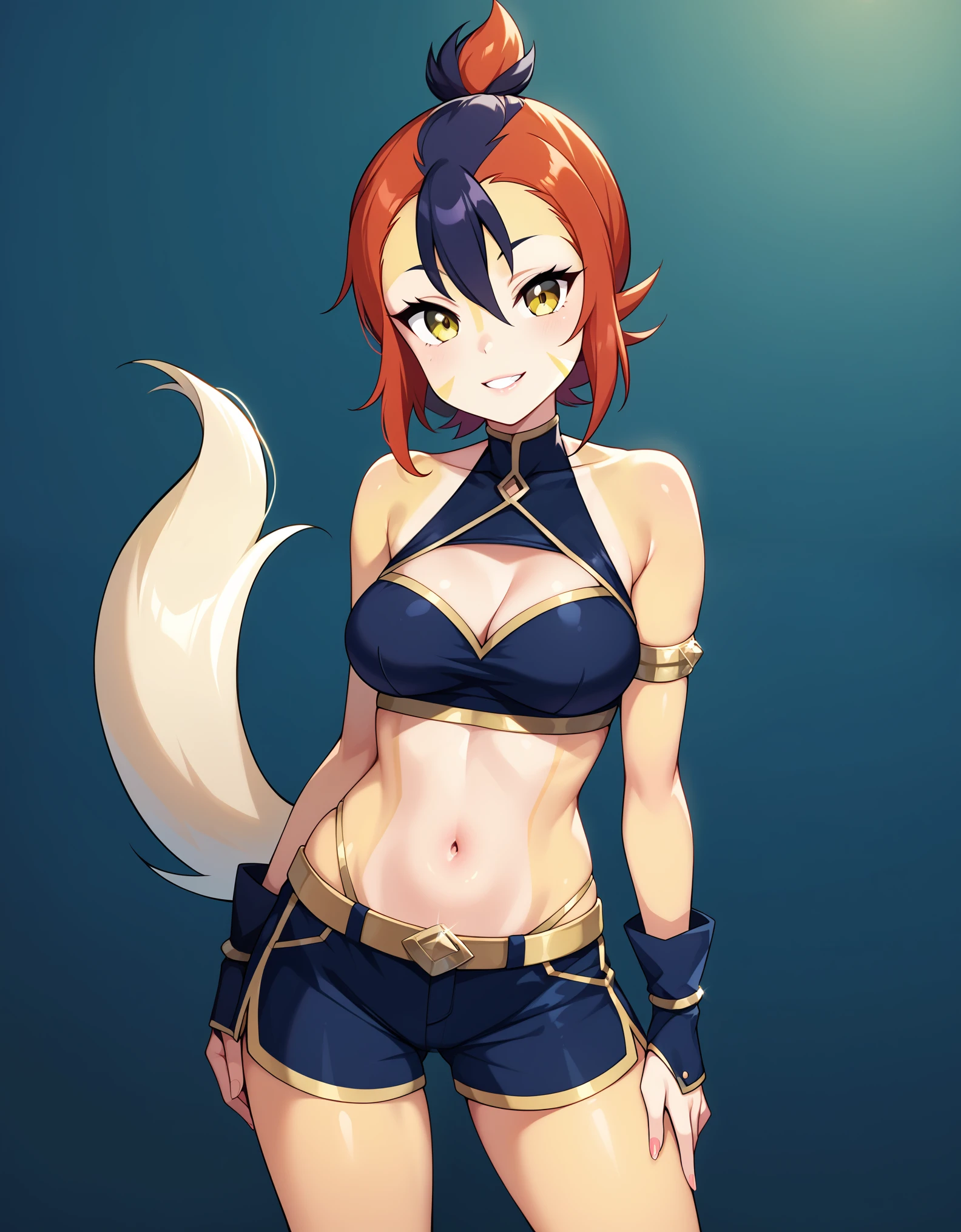 score_8, score_9, solo, BREAK, female , wilykit, multicolored hair,yellow eyes, midriff, tail,, yellow skin, multicolor skin